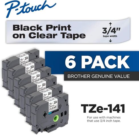Brother Genuine P-touch 6-Pack TZe-141 Laminated Tape, Black Print on Clear Standard Adhesive Laminated Tape for P-touch Label Makers, Each Roll is 0.7"/18mm (~ 3/4") Wide, 26.2 ft. (8M) Long in Saudi Arabia