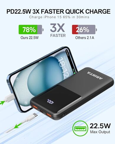 Power Bank Portable Charger 10000mah PD 22.5W ، حزمة بطارية نحيفة مع شاشة LED وإدخال/إخراج USB-C ، متوافق مع iPhone 16 15 14 13 12 ، Galaxy S24 23 22 21 ، أقراص. ، إلخ (أسود) in Saudi Arabia