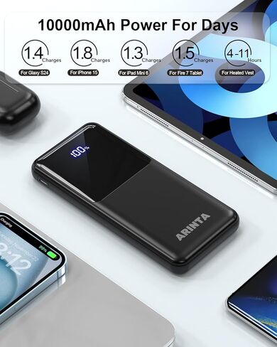 Power Bank Portable Charger 10000mah PD 22.5W ، حزمة بطارية نحيفة مع شاشة LED وإدخال/إخراج USB-C ، متوافق مع iPhone 16 15 14 13 12 ، Galaxy S24 23 22 21 ، أقراص. ، إلخ (أسود) in Saudi Arabia