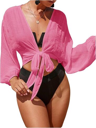 Verdusa Women's Tie Front Long Sleeve Swimsuit Kimono Cover Up Wrap Blouse Top in Kuwait