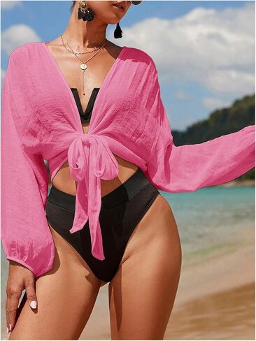 Verdusa Women's Tie Front Long Sleeve Swimsuit Kimono Cover Up Wrap Blouse Top in Kuwait