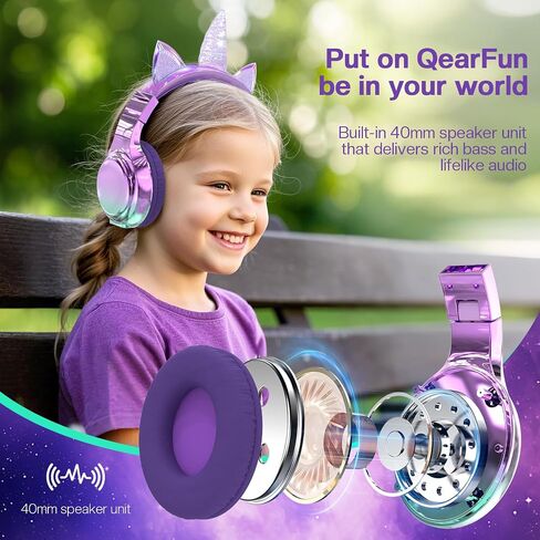 QearFun Kids Cat Ear Bluetooth Headphones, 60H, 74/85/94dB Volume Limit | For school with mic, fast charging, foldable design, wired mode, Wireless headphones for kids, girls boys, tablet, travel in Kuwait