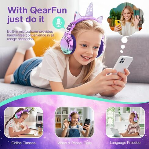 QearFun Kids Cat Ear Bluetooth Headphones, 60H, 74/85/94dB Volume Limit | For school with mic, fast charging, foldable design, wired mode, Wireless headphones for kids, girls boys, tablet, travel in Kuwait