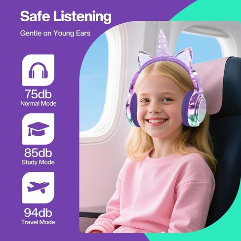 QearFun Kids Cat Ear Bluetooth Headphones, 60H, 74/85/94dB Volume Limit | For school with mic, fast charging, foldable design, wired mode, Wireless headphones for kids, girls boys, tablet, travel in Kuwait