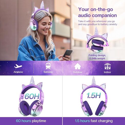 QearFun Kids Cat Ear Bluetooth Headphones, 60H, 74/85/94dB Volume Limit | For school with mic, fast charging, foldable design, wired mode, Wireless headphones for kids, girls boys, tablet, travel in Kuwait