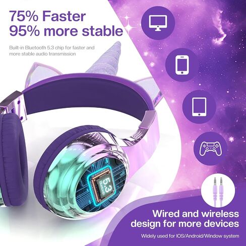 QearFun Kids Cat Ear Bluetooth Headphones, 60H, 74/85/94dB Volume Limit | For school with mic, fast charging, foldable design, wired mode, Wireless headphones for kids, girls boys, tablet, travel in Kuwait