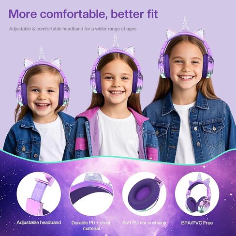QearFun Kids Cat Ear Bluetooth Headphones, 60H, 74/85/94dB Volume Limit | For school with mic, fast charging, foldable design, wired mode, Wireless headphones for kids, girls boys, tablet, travel in Kuwait