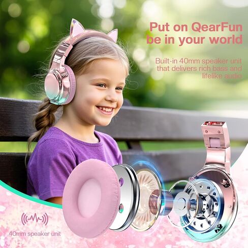 QearFun Kids Unicorn Bluetooth Headphones, 60H Playtime, 3-Level 74/85/94dB Safe Volume Limit, Wireless Headset with Mic for Girls, Bluetooth 5.3, Foldable for School/Travel/Tablet - Purple in Saudi Arabia