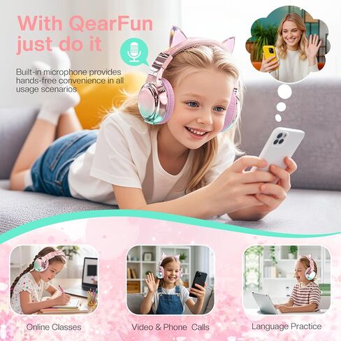 QearFun Kids Unicorn Bluetooth Headphones, 60H Playtime, 3-Level 74/85/94dB Safe Volume Limit, Wireless Headset with Mic for Girls, Bluetooth 5.3, Foldable for School/Travel/Tablet - Purple in Saudi Arabia
