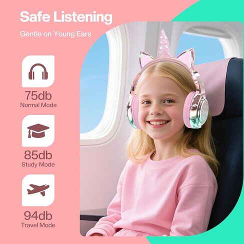 QearFun Kids Unicorn Bluetooth Headphones, 60H Playtime, 3-Level 74/85/94dB Safe Volume Limit, Wireless Headset with Mic for Girls, Bluetooth 5.3, Foldable for School/Travel/Tablet - Purple in Saudi Arabia