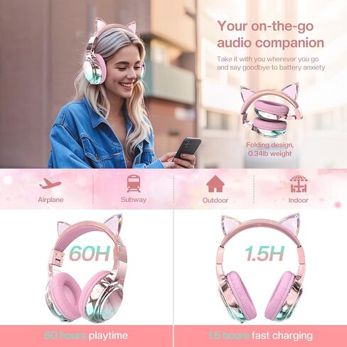 QearFun Kids Unicorn Bluetooth Headphones, 60H Playtime, 3-Level 74/85/94dB Safe Volume Limit, Wireless Headset with Mic for Girls, Bluetooth 5.3, Foldable for School/Travel/Tablet - Purple in Saudi Arabia