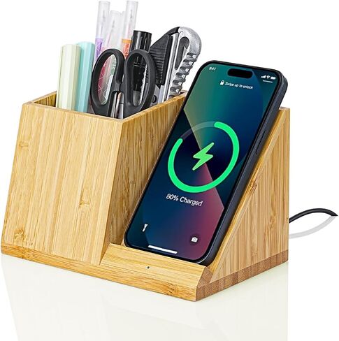 OhM-ega Bamboo Desk Organizer with Wireless Charing, Home Office Organizers for Desk, Wireless Charging Station with Pen Holder, 10W Fast Wireless Charging, Compatible with iPhone and Pixel in Saudi Arabia