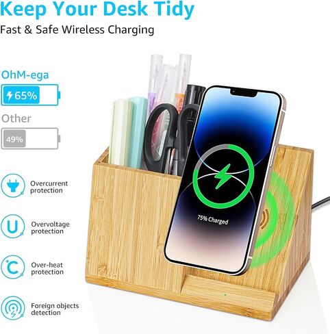 OhM-ega Bamboo Desk Organizer with Wireless Charing, Home Office Organizers for Desk, Wireless Charging Station with Pen Holder, 10W Fast Wireless Charging, Compatible with iPhone and Pixel in Saudi Arabia