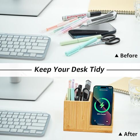 OhM-ega Bamboo Desk Organizer with Wireless Charing, Home Office Organizers for Desk, Wireless Charging Station with Pen Holder, 10W Fast Wireless Charging, Compatible with iPhone and Pixel in Saudi Arabia