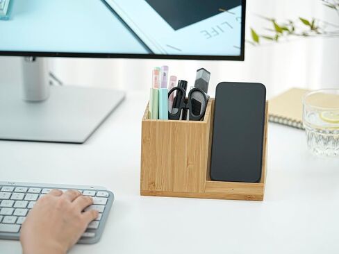 OhM-ega Bamboo Desk Organizer with Wireless Charing, Home Office Organizers for Desk, Wireless Charging Station with Pen Holder, 10W Fast Wireless Charging, Compatible with iPhone and Pixel in Saudi Arabia