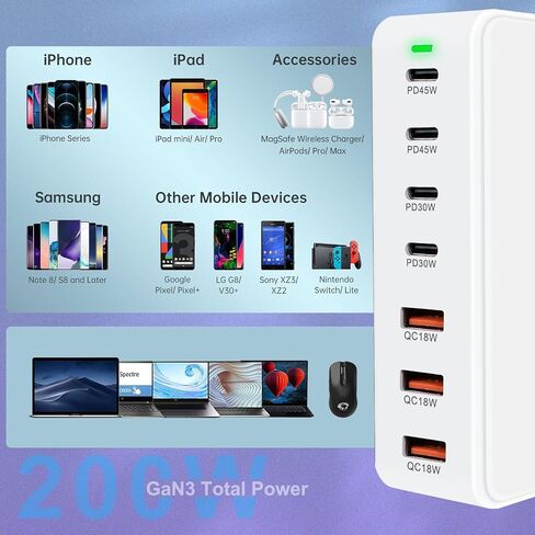 USB C Multi Charger Charging Station 200W 7-Port GaN Fast Charging Brick PD 3.0 TypeC and USB A Wall ChargerPower Adapter for All iPhoneiPadSamsung Android Pixel Series (Black) in Saudi Arabia