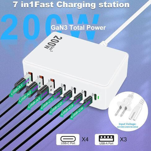USB C Multi Charger Charging Station 200W 7-Port GaN Fast Charging Brick PD 3.0 TypeC and USB A Wall ChargerPower Adapter for All iPhoneiPadSamsung Android Pixel Series (Black) in Saudi Arabia