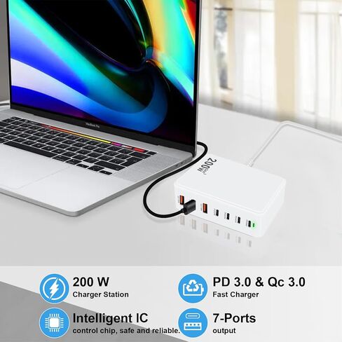 USB C Multi Charger Charging Station 200W 7-Port GaN Fast Charging Brick PD 3.0 TypeC and USB A Wall ChargerPower Adapter for All iPhoneiPadSamsung Android Pixel Series (Black) in Saudi Arabia
