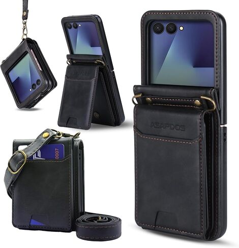 ASAPDOS for Samsung Galaxy Z Flip 7 PU Leather Wallet Phone Case with Card Slots (Holds 5-7 Cards), Anti-Drop Protection, Wrist & Shoulder Strap Blue in Kuwait