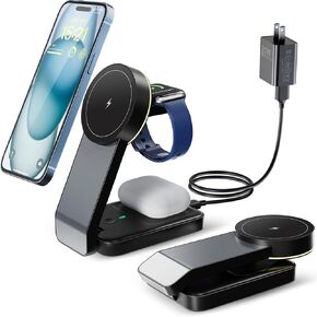 3 in 1 Wireless Charging Station for Apple Devices, Portable Mag-Safe Charger with Light, Charger Stand Compatible with iPhone 15/14/13/12 Series, Apple Watch, Airpods, (Black) in Saudi Arabia