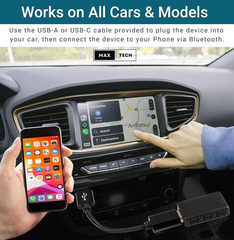 MAX=TECH - Compact Wired to Wireless Adapter for Carplay and Android Auto, with USB Type A and C Adapters - 2 in 1 - Fast Reliable and Easy to Use - All Car Models in Saudi Arabia