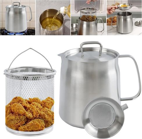 68oz 304 Stainless Steel Oil Filter Pot, Heavy Duty Bacon Grease Container & Deep Fryer Basket, Large Capacity Multi-function Oil Filter Vessel with Strainer for Kitchen Storing Frying Cooking Grease in Saudi Arabia