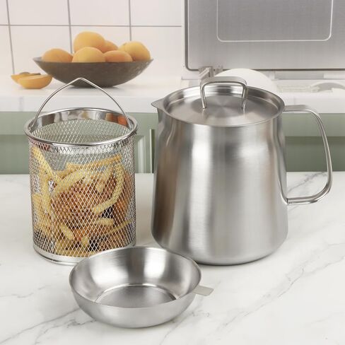 68oz 304 Stainless Steel Oil Filter Pot, Heavy Duty Bacon Grease Container & Deep Fryer Basket, Large Capacity Multi-function Oil Filter Vessel with Strainer for Kitchen Storing Frying Cooking Grease in Saudi Arabia