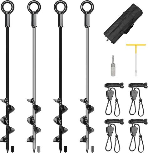 Tent Stakes Anchors 16-in 4 Pack, RV Awning Tie Down Kit for Wind-Proof with Retractable Ratchet Straps, Camping Stakes Heavy Duty for Tents, Beach Umbrellas, Canopies, Carport, Campers in Saudi Arabia