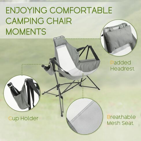 Hammock Folding Camping Chair - Outdoor Portable Swing Camp Chairs with Stand Adults Rocking Swinging Chair for Beach Lawn Patio (Grey) in Saudi Arabia