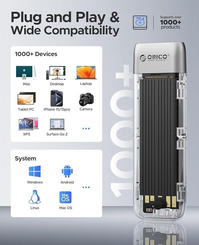 ORICO 2TB DIY SSD-ما يصل إلى 1000 ميجابايت/ثانية-USB-C ، J10 2TB Gen 3x4 SSD مع 10 جيجابت في الثانية خالية من الأدوات USB 3.2 Type-C إلى M.2 SSD العلبة لـ SATA/NVME M.2 (M-Key/B+Mey) SSD in Kuwait