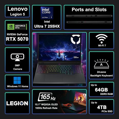LENOVO LEGION 5 MAMING MAMING LAPTOP 15.1 "WQXGA 2560X1600 OLED 165HZ Intel 20-CORE ULTRA 7 255HX (> I9-14900HX) in Saudi Arabia