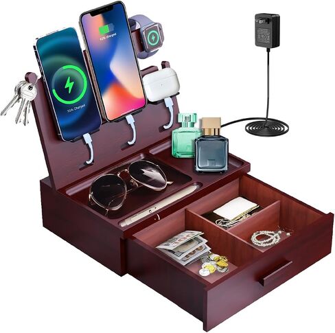 Nightstand Organizer Built-in 4 Ports USB Charging Station,Type C Charger Fast Charging for Dual Phone Apple Samsung Google, Wood Phone Docking Station with Drawer,Gifts for Men Dad Hunsband Mom in Kuwait