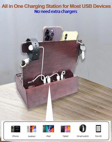 Nightstand Organizer Built-in 4 Ports USB Charging Station,Type C Charger Fast Charging for Dual Phone Apple Samsung Google, Wood Phone Docking Station with Drawer,Gifts for Men Dad Hunsband Mom in Kuwait