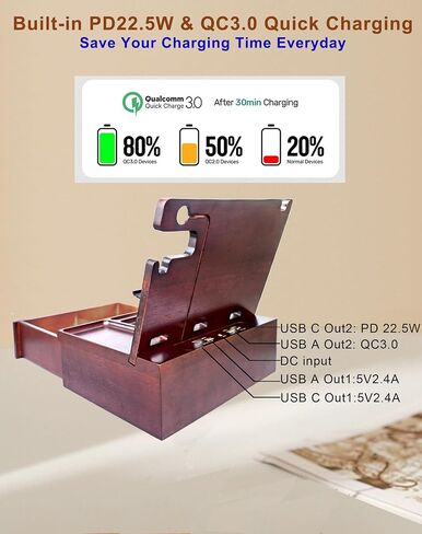 Nightstand Organizer Built-in 4 Ports USB Charging Station,Type C Charger Fast Charging for Dual Phone Apple Samsung Google, Wood Phone Docking Station with Drawer,Gifts for Men Dad Hunsband Mom in Kuwait