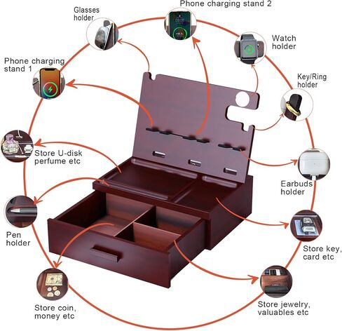 Nightstand Organizer Built-in 4 Ports USB Charging Station,Type C Charger Fast Charging for Dual Phone Apple Samsung Google, Wood Phone Docking Station with Drawer,Gifts for Men Dad Hunsband Mom in Kuwait