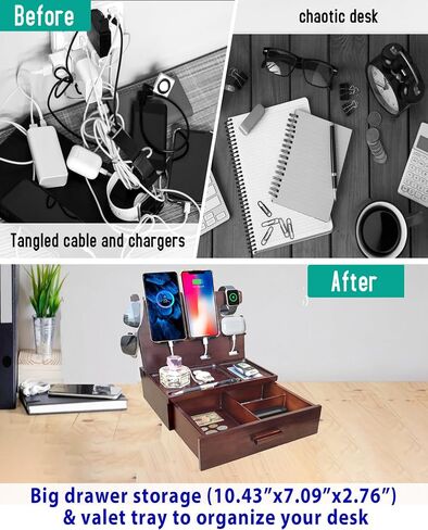 Nightstand Organizer Built-in 4 Ports USB Charging Station,Type C Charger Fast Charging for Dual Phone Apple Samsung Google, Wood Phone Docking Station with Drawer,Gifts for Men Dad Hunsband Mom in Kuwait