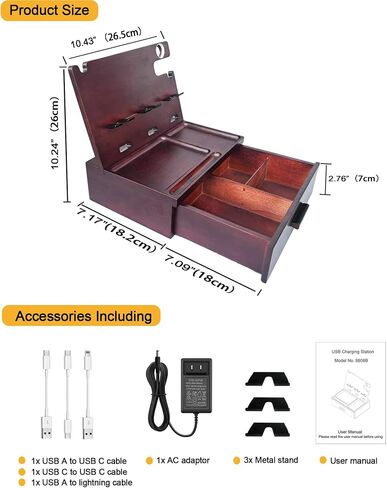 Nightstand Organizer Built-in 4 Ports USB Charging Station,Type C Charger Fast Charging for Dual Phone Apple Samsung Google, Wood Phone Docking Station with Drawer,Gifts for Men Dad Hunsband Mom in Kuwait