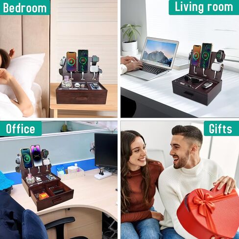 Nightstand Organizer Built-in 4 Ports USB Charging Station,Type C Charger Fast Charging for Dual Phone Apple Samsung Google, Wood Phone Docking Station with Drawer,Gifts for Men Dad Hunsband Mom in Kuwait