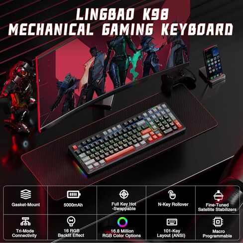 LINGBAO K98 Wireless Mechanical Gaming Keyboard, Tri-Mode BT5.0/2.4GHz/USB-C, Gasket Custom Hot-Swappable Linear Switches Creamy Keyboard with Number Pad, RGB Backlit Gaming Keyboard for PC Laptop in Kuwait