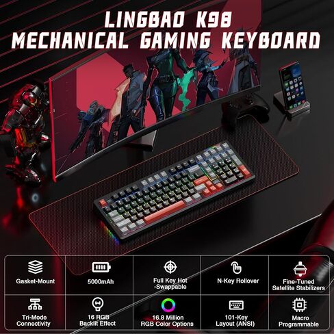 LINGBAO K98 Wireless Mechanical Gaming Keyboard, Tri-Mode BT5.0/2.4GHz/USB-C, Gasket Custom Hot-Swappable Linear Switches Creamy Keyboard with Number Pad, RGB Backlit Gaming Keyboard for PC Laptop in Kuwait