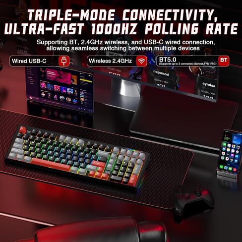 LINGBAO K98 Wireless Mechanical Gaming Keyboard, Tri-Mode BT5.0/2.4GHz/USB-C, Gasket Custom Hot-Swappable Linear Switches Creamy Keyboard with Number Pad, RGB Backlit Gaming Keyboard for PC Laptop in Kuwait