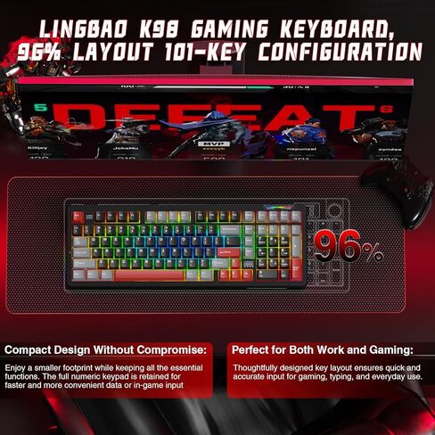 LINGBAO K98 Wireless Mechanical Gaming Keyboard, Tri-Mode BT5.0/2.4GHz/USB-C, Gasket Custom Hot-Swappable Linear Switches Creamy Keyboard with Number Pad, RGB Backlit Gaming Keyboard for PC Laptop in Kuwait