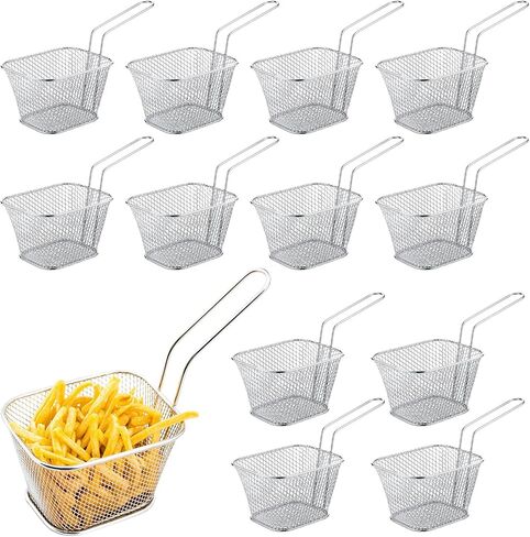 12 PCS Mini Square Fry Sgence ، Stains Stains French Fry Holder Callder مع مقبض ، سلال مقلاة صغيرة قابلة لإعادة الاستخدام الصغيرة لمطعم مطعم Cafe Cafe (Sliver) (Sliver) in Kuwait