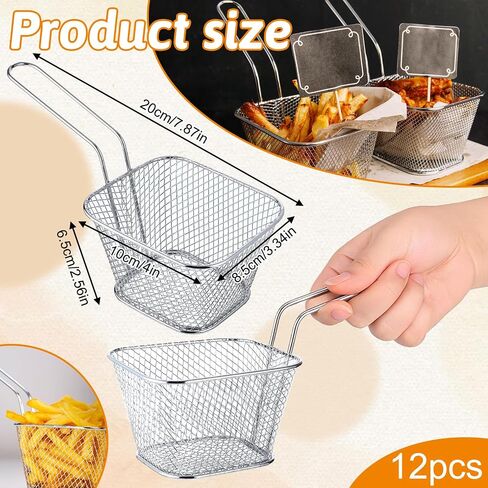 12 PCS Mini Square Fry Sgence ، Stains Stains French Fry Holder Callder مع مقبض ، سلال مقلاة صغيرة قابلة لإعادة الاستخدام الصغيرة لمطعم مطعم Cafe Cafe (Sliver) (Sliver) in Kuwait
