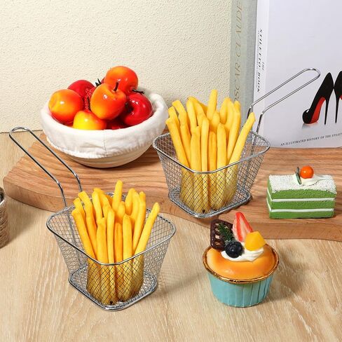 12 PCS Mini Square Fry Sgence ، Stains Stains French Fry Holder Callder مع مقبض ، سلال مقلاة صغيرة قابلة لإعادة الاستخدام الصغيرة لمطعم مطعم Cafe Cafe (Sliver) (Sliver) in Kuwait
