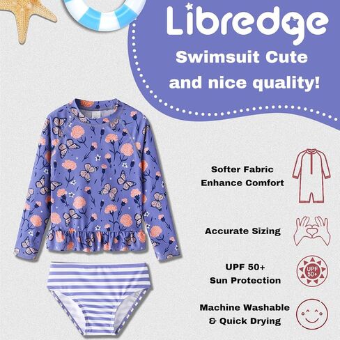 طقم ملابس سباحة LIBREDGE للفتيات مكون من قطعتين من Rash Guard بأكمام طويلة مع حماية من أشعة الشمس بعامل حماية من أشعة الشمس 50+ in Kuwait