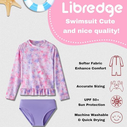 طقم ملابس سباحة LIBREDGE للفتيات مكون من قطعتين من Rash Guard بأكمام طويلة مع حماية من أشعة الشمس بعامل حماية من أشعة الشمس 50+ in Kuwait
