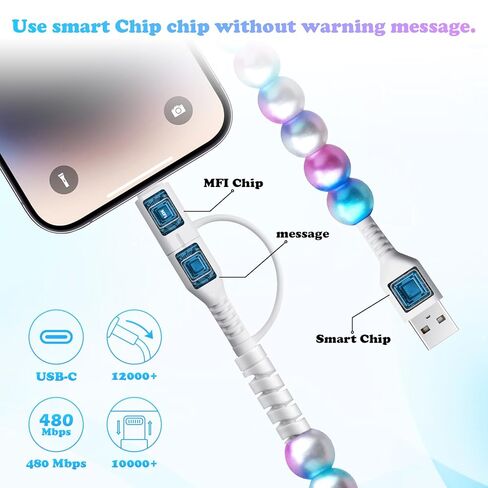 2 in 1 Charging Cable for iPhone Girls 3.3FT [MFi Certified] Fast Charger Cord Cute Pearl Beaded Phone Charging Cable for iPhone 16 15 14 13 12 11 Pro Max, for Galaxy S25 S24 S23 S22 in Kuwait