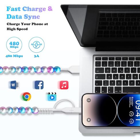 2 in 1 Charging Cable for iPhone Girls 3.3FT [MFi Certified] Fast Charger Cord Cute Pearl Beaded Phone Charging Cable for iPhone 16 15 14 13 12 11 Pro Max, for Galaxy S25 S24 S23 S22 in Kuwait
