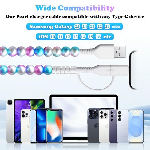 2 in 1 Charging Cable for iPhone Girls 3.3FT [MFi Certified] Fast Charger Cord Cute Pearl Beaded Phone Charging Cable for iPhone 16 15 14 13 12 11 Pro Max, for Galaxy S25 S24 S23 S22 in Kuwait